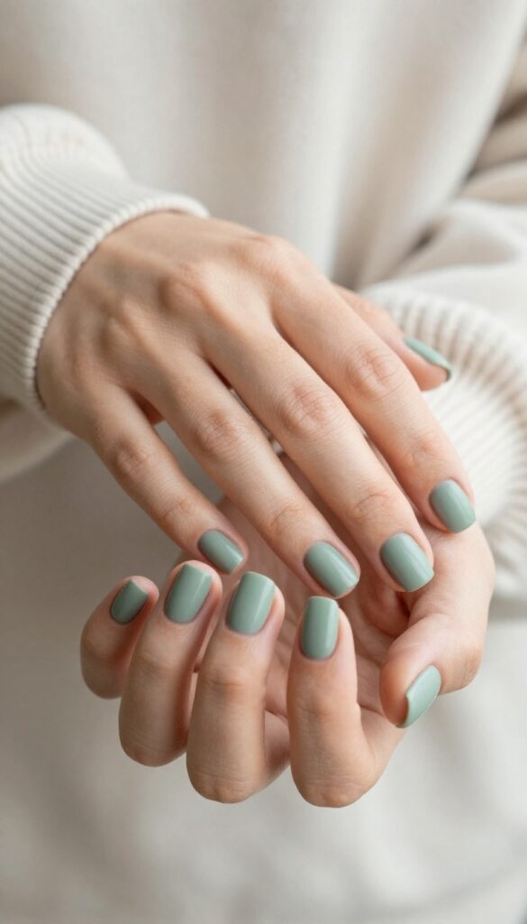 Short square nails in muted sage green with matte finish on a woman's hands