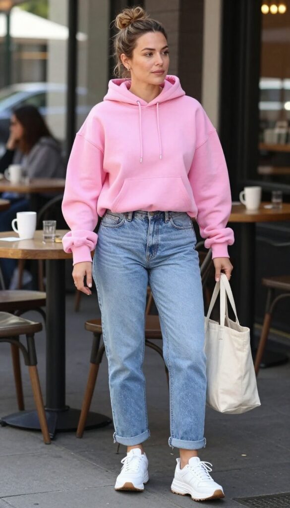 5. Pink Hoodie with Light Wash Jeans