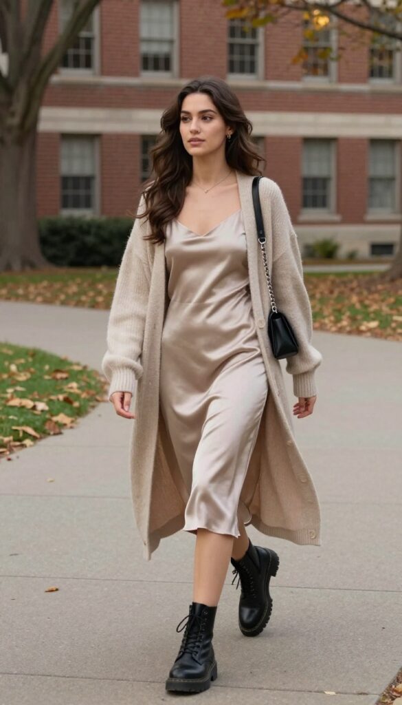 8. Long Cardigan Over a Slip Dress with Lug-Sole Boots