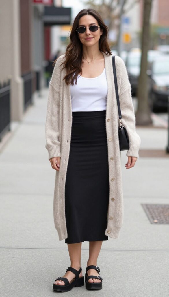 5. Cardigan + Slip Skirt + Platform Sandals