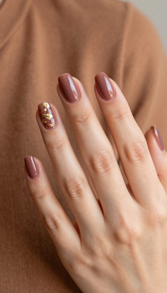 Smoky plum nails with gold foil accents on ring finger and thumb