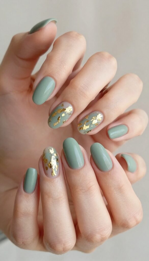 Sage green matte nails with gold leaf details