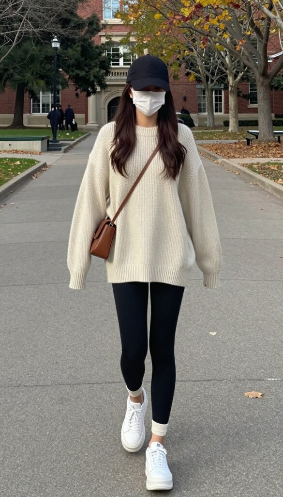 1. Oversized Knit Sweater with Leggings and Chunky Sneakers
