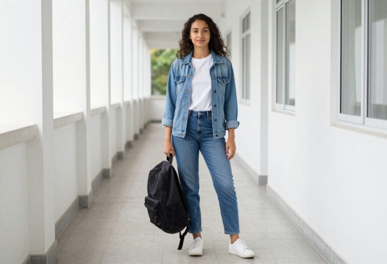 Young woman in blue jeans, white tee, denim jacket, and white sneakers standing in a school hallway with a backpack.