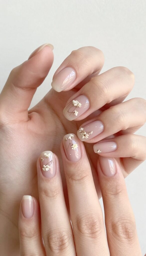 Dried baby's breath accent nails on sheer nude base, glossy finish, short rounded nails