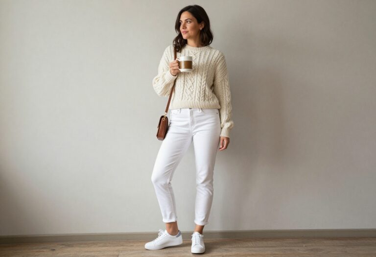 Preppy mom outfit with cable knit sweater and white jeans