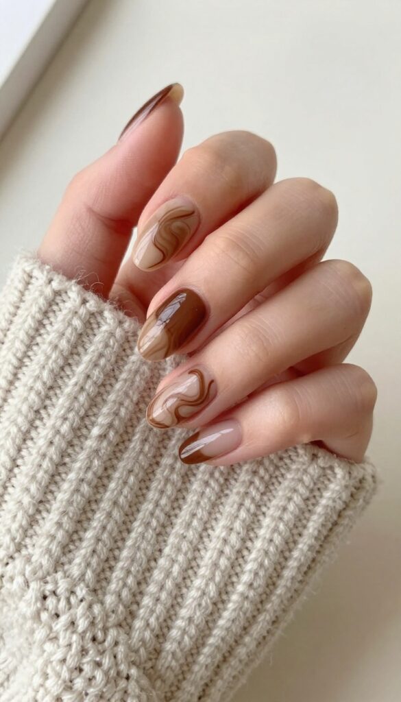 Mocha swirl almond nails with espresso base and beige marbling, high-shine finish on a cozy sweater.