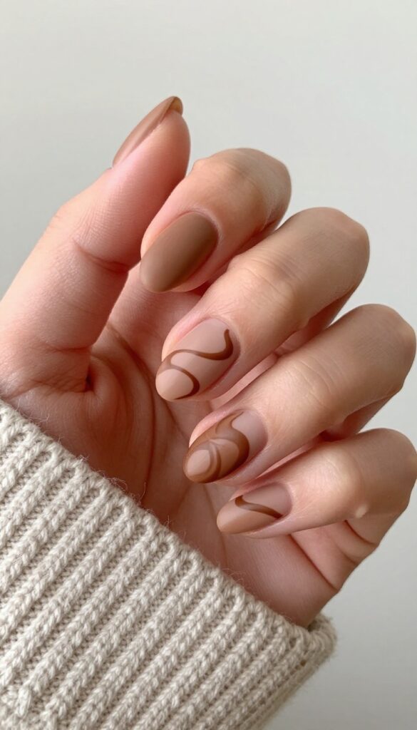 Short nails with matte brown swirls on nude base, fall nail art design