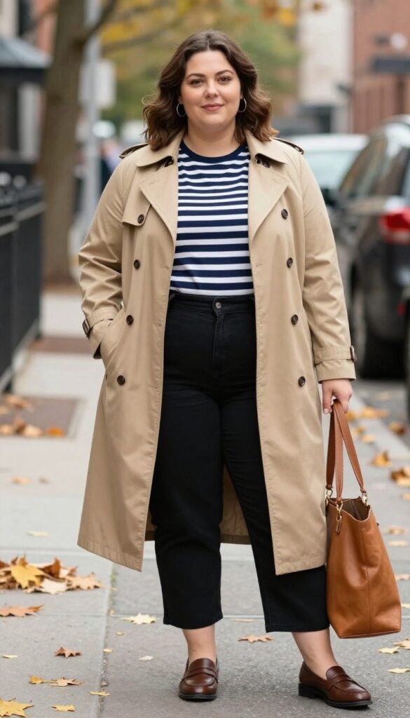 8. Trench Coat + Striped Breton Top + Cigarette Pants + Loafers