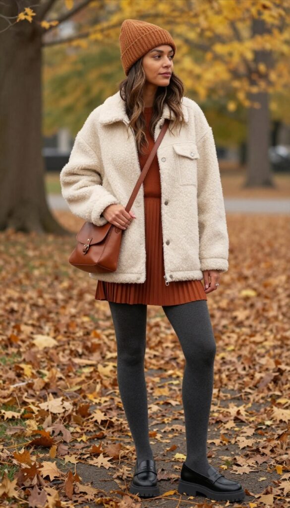 13. Sherpa Jacket + Midi Skirt + Chunky Loafers