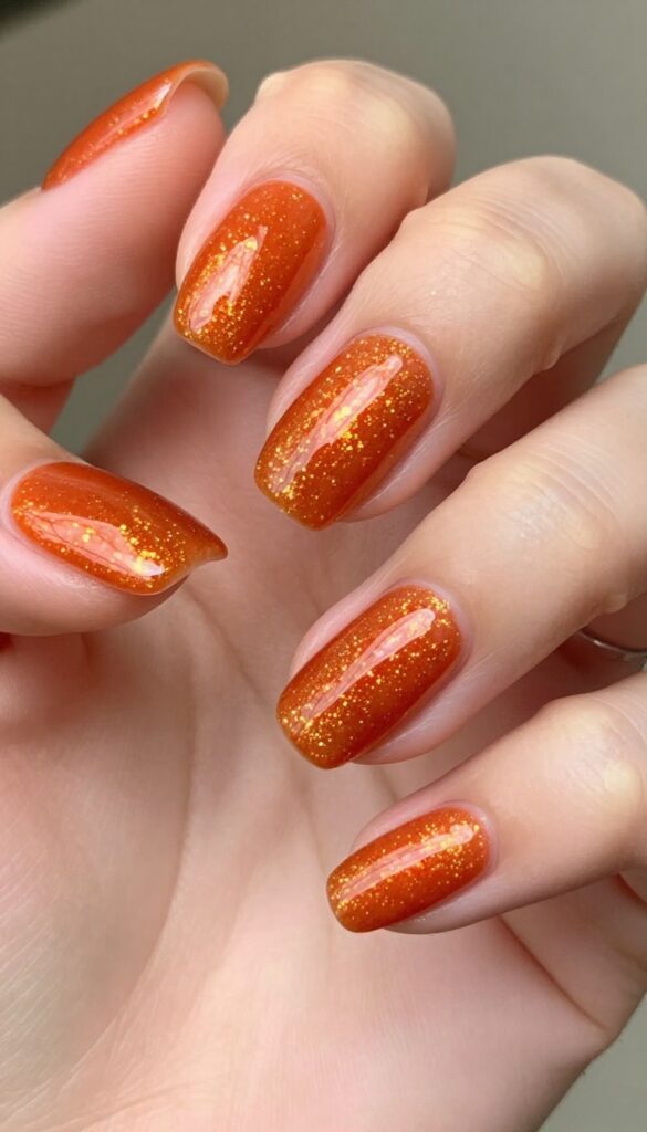 Glazed gingerbread orange almond nails with glossy finish
