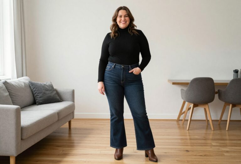 Plus size woman in black turtleneck and flare jeans with ankle boots, standing in a bright living room.