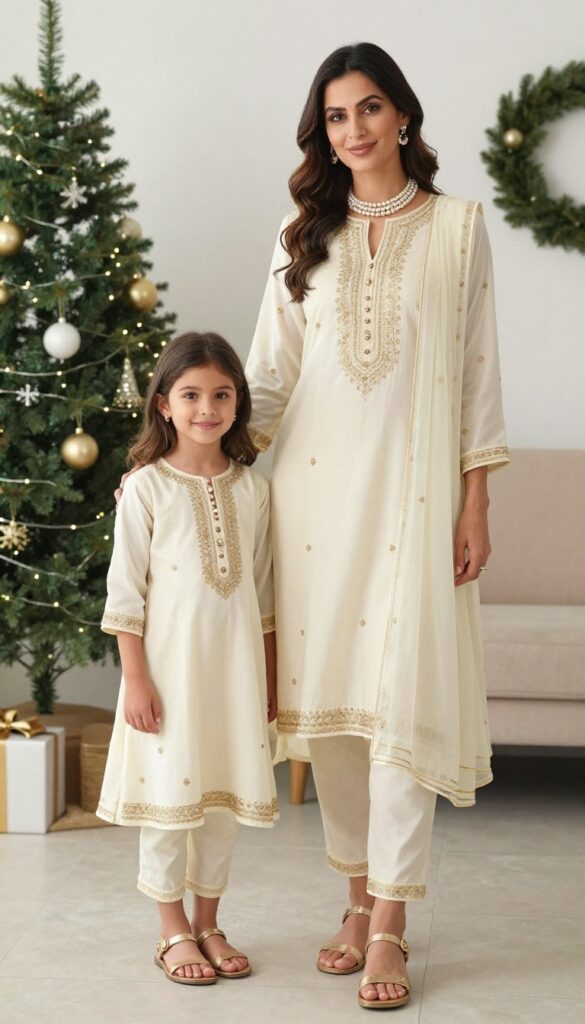 2. Cream and Gold Anarkali Suits with Embroidered Dupattas