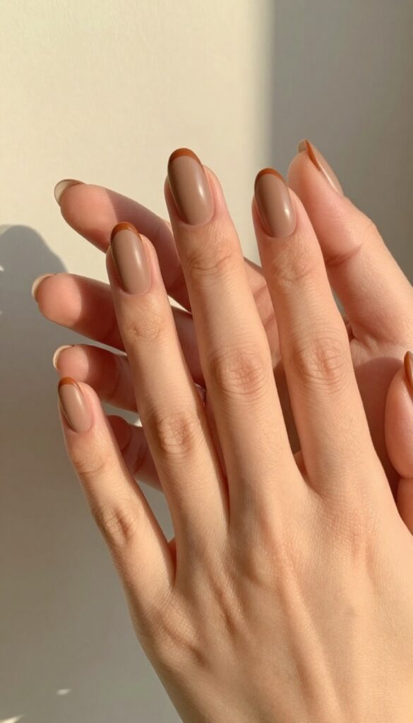 Matte French manicure with warm brown tips on almond nails