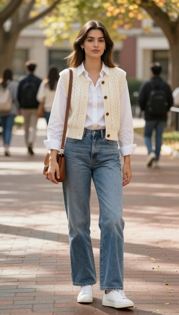 10. Cable-Knit Vest + Button-Down + Wide-Leg Jeans + Sneakers