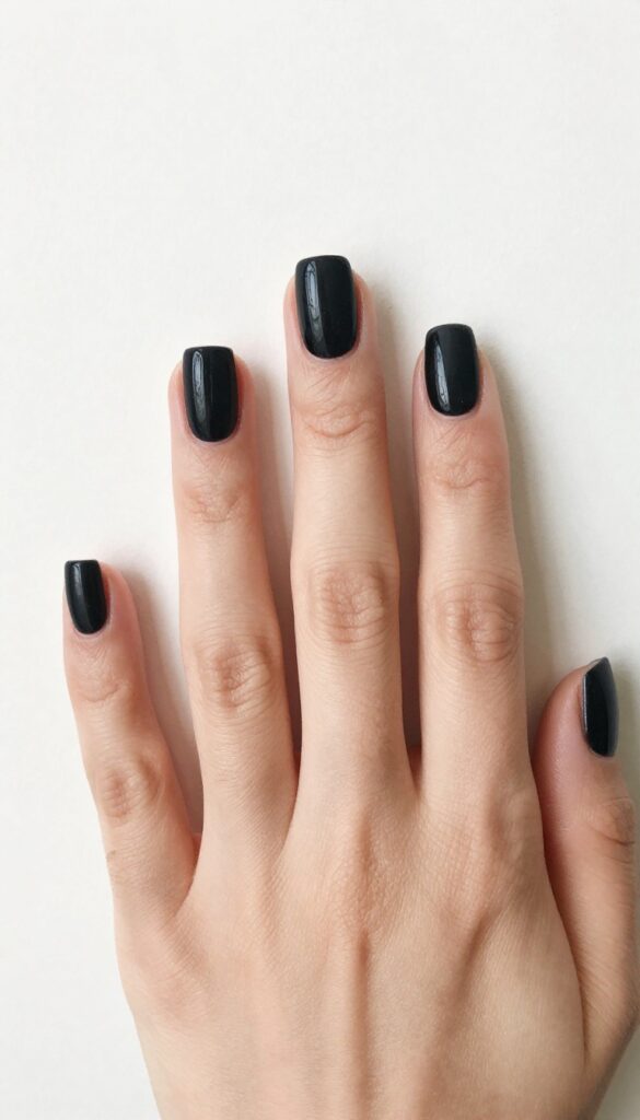 Short square nails with matte black polish and a glossy stripe down the center