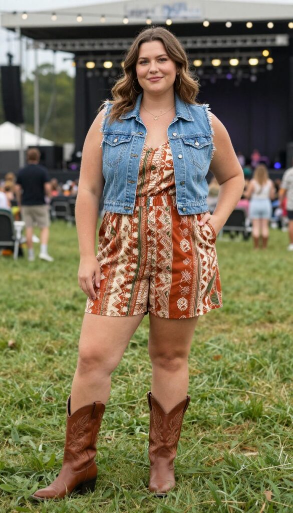 10. Romper with a Denim Vest and Cowboy Boots