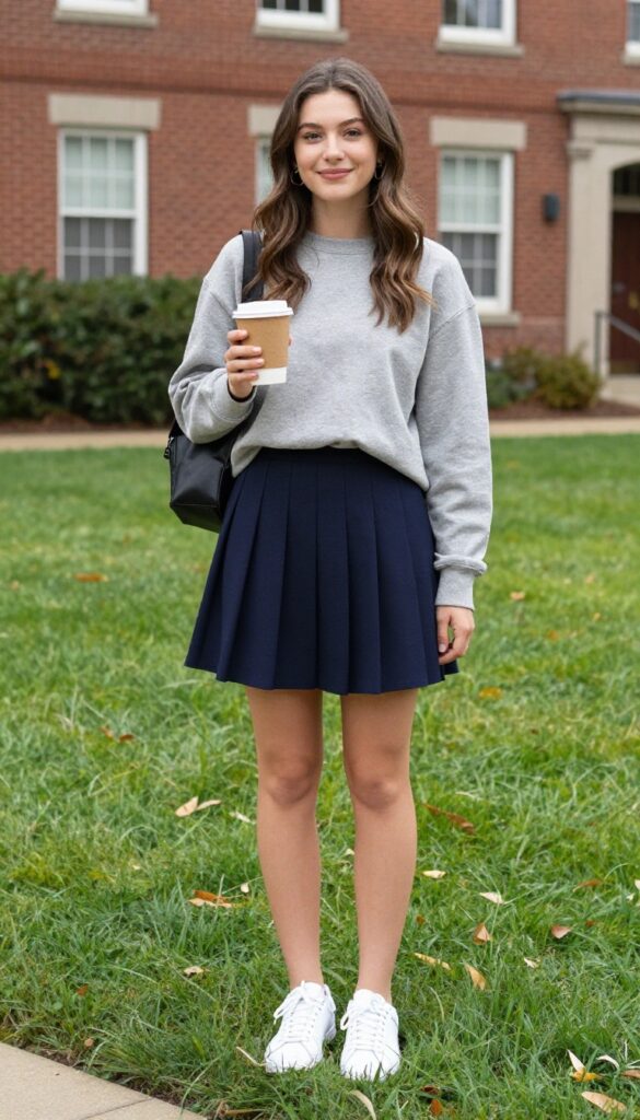 7. Sweatshirt with a Pleated Midi Skirt and Clean Sneakers