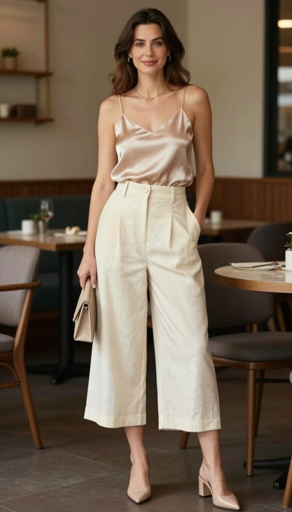 11. Silk Camisole + High-Waist Trousers + Mules