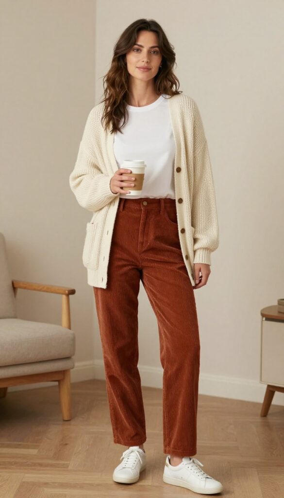 10. Corduroy Pants with a Cozy Cardigan