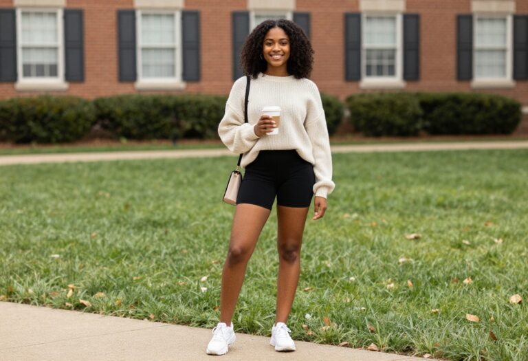 Black woman in oversized sweater and biker shorts on college campus