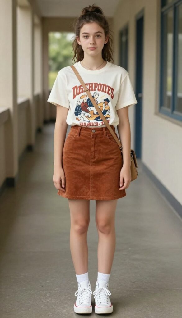 10. Graphic Tee with a Corduroy Skirt