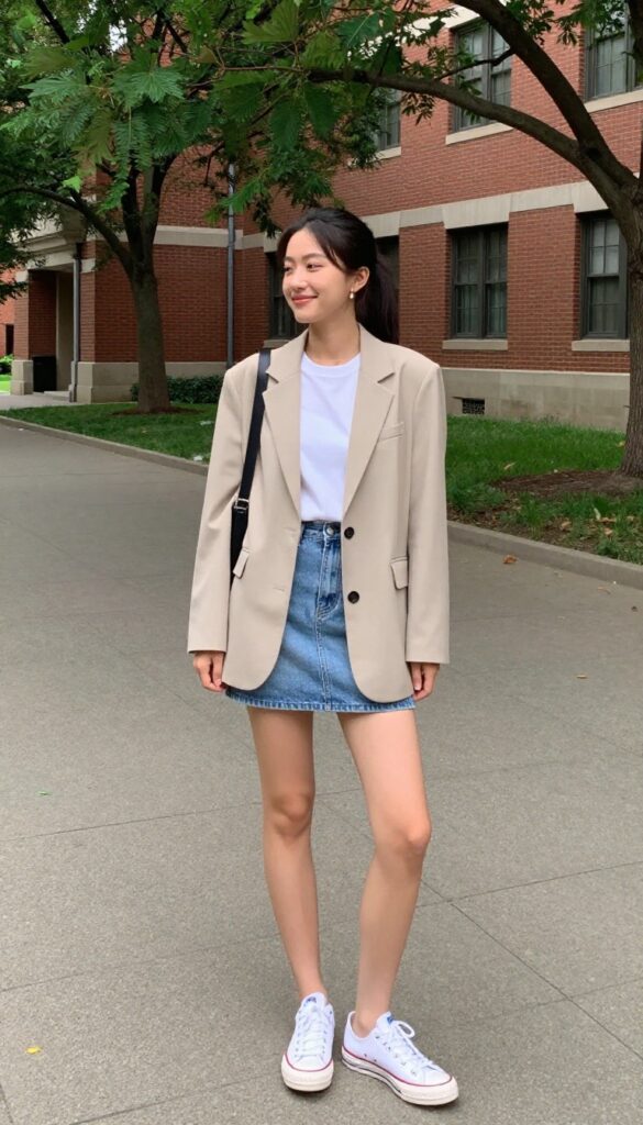9. Blazer with T-Shirt and Mini Skirt