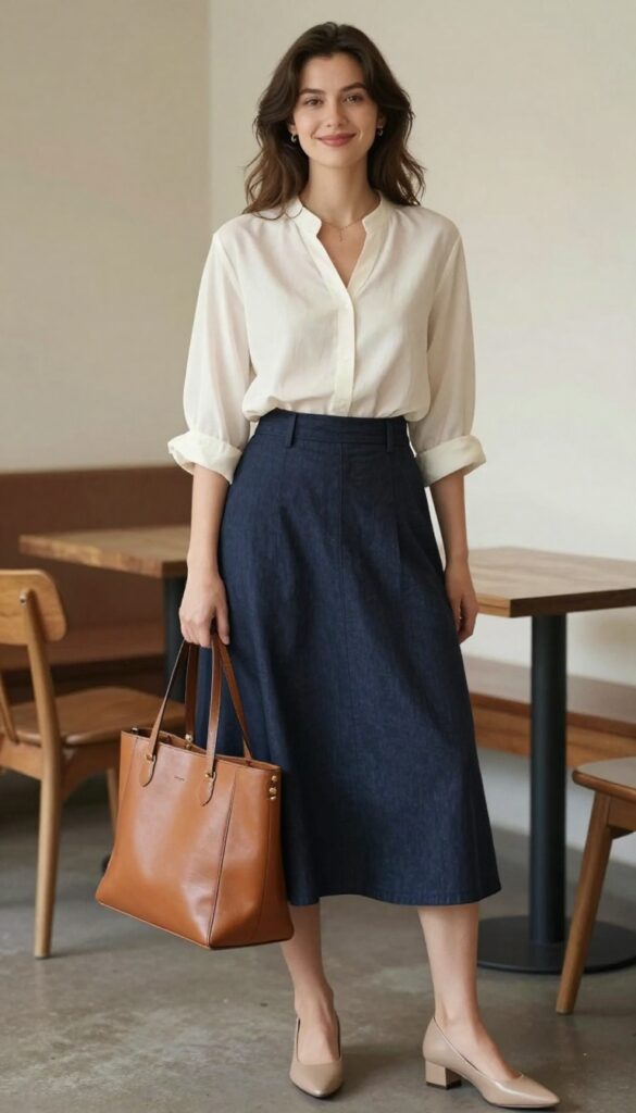 11. High-Waisted A-Line Skirt with a Tucked Blouse