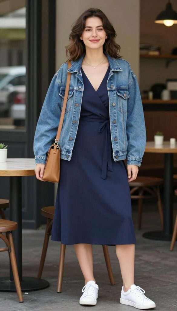 4. Wrap-Style Midi Dress With a Denim Jacket