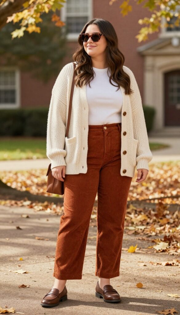9. Corduroy Pants + Chunky Knit Cardigan + Loafers