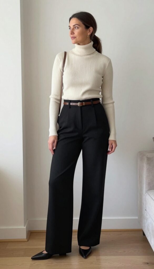 1. High-Waisted Wide-Leg Trousers with a Fitted Turtleneck