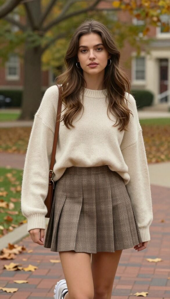 1. Oversized Knit Sweater with Pleated Mini Skirt
