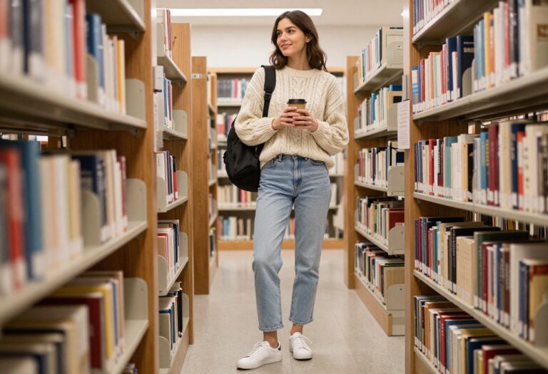 Young woman in cream sweater and jeans holding coffee in a college library