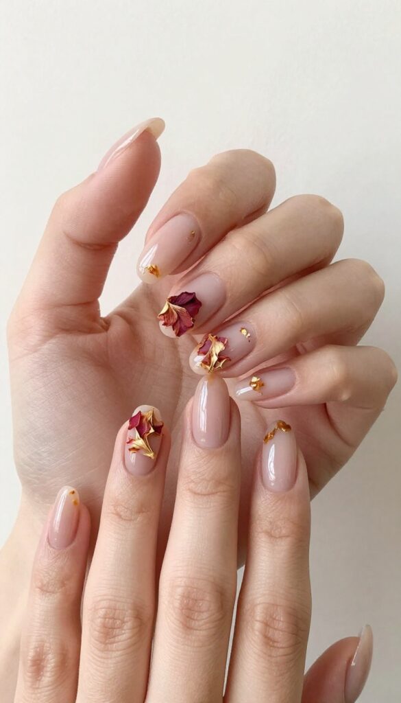 Dried petal accent nails with translucent base and muted autumn colors on almond-shaped nails