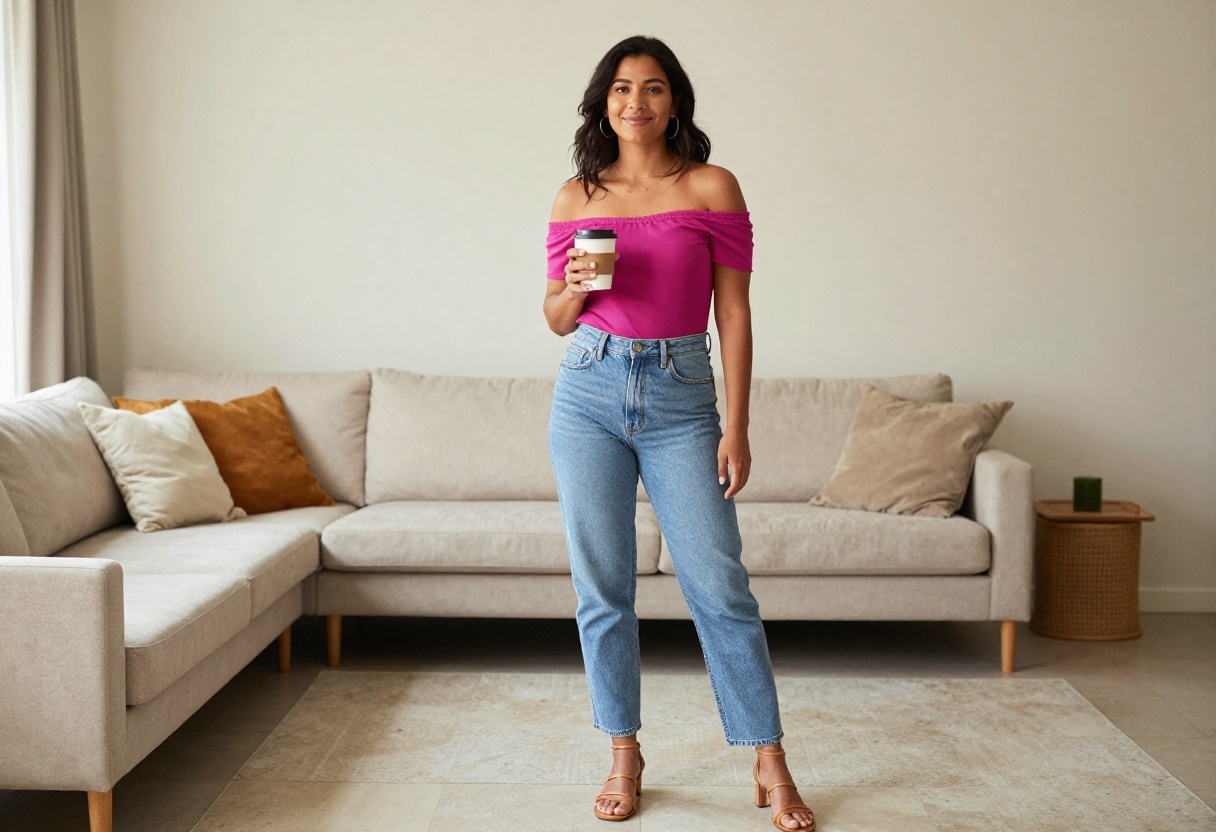 Latina mom wearing fuchsia off-shoulder top and high-waisted jeans with hoop earrings and sandals, standing in a bright living room.