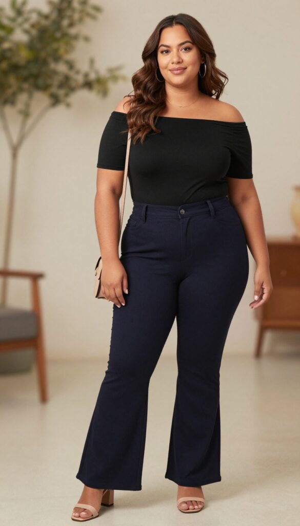 6. Off-Shoulder Top + Flare Pants + Strappy Heels