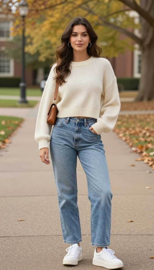8. Cropped Sweater, High-Waisted Jeans, and Platform Sneakers