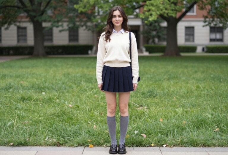 Young woman in cream sweater and pleated mini skirt with loafers on campus