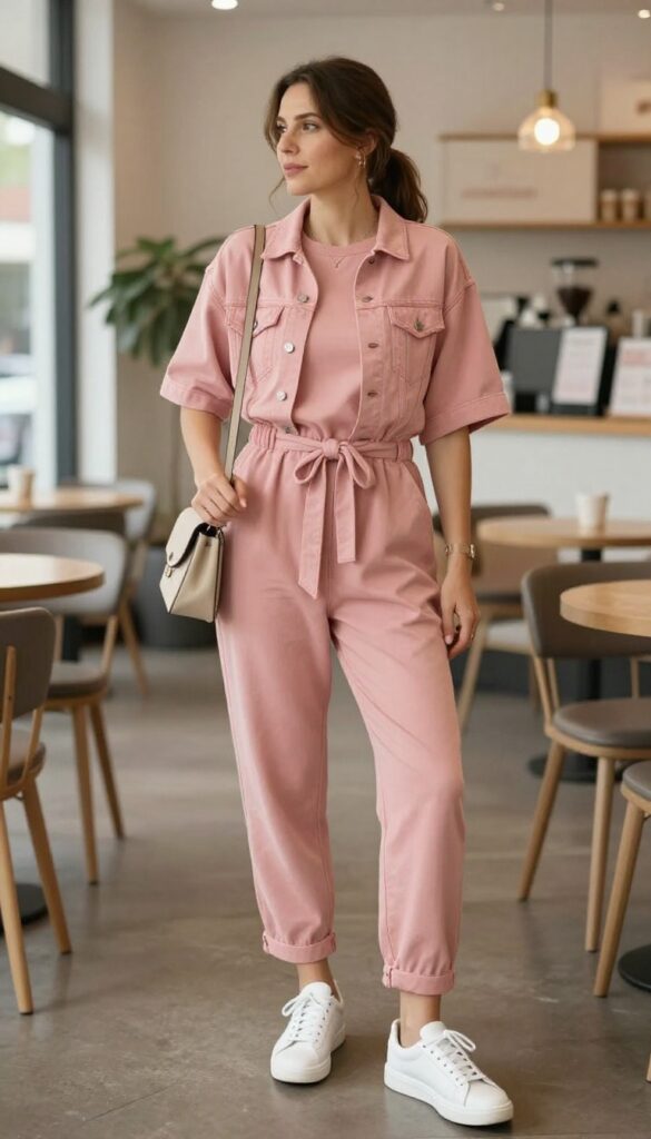 15. Dusty Rose Jumpsuit with Sneakers