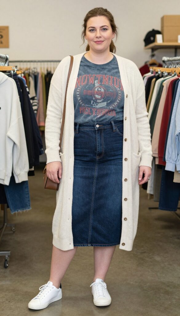 7. Denim Skirt with a Graphic Tee and Cardigan