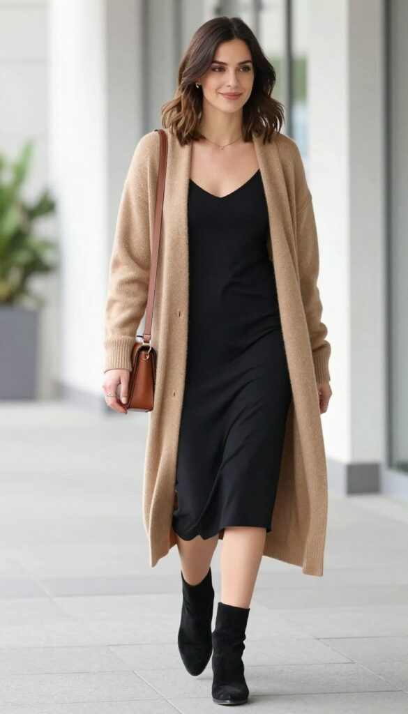 8. The Cardigan + Slip Dress + Knee-High Boots