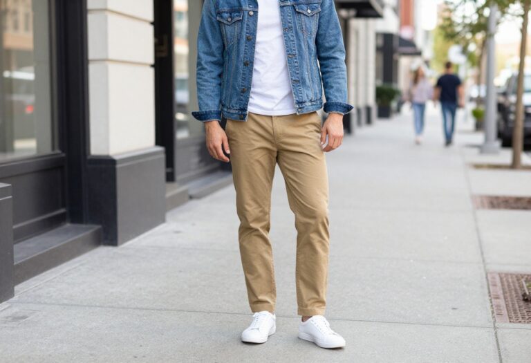 Man in denim jacket and chinos standing on city sidewalk