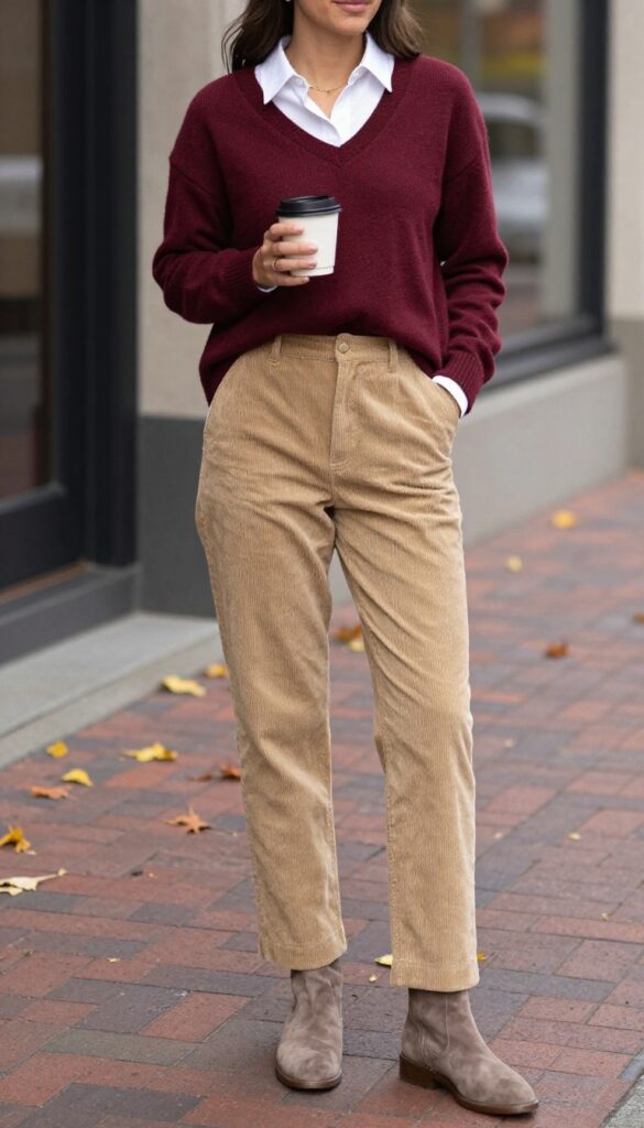 10. V-Neck Sweater with a Collared Shirt and Corduroy Pants