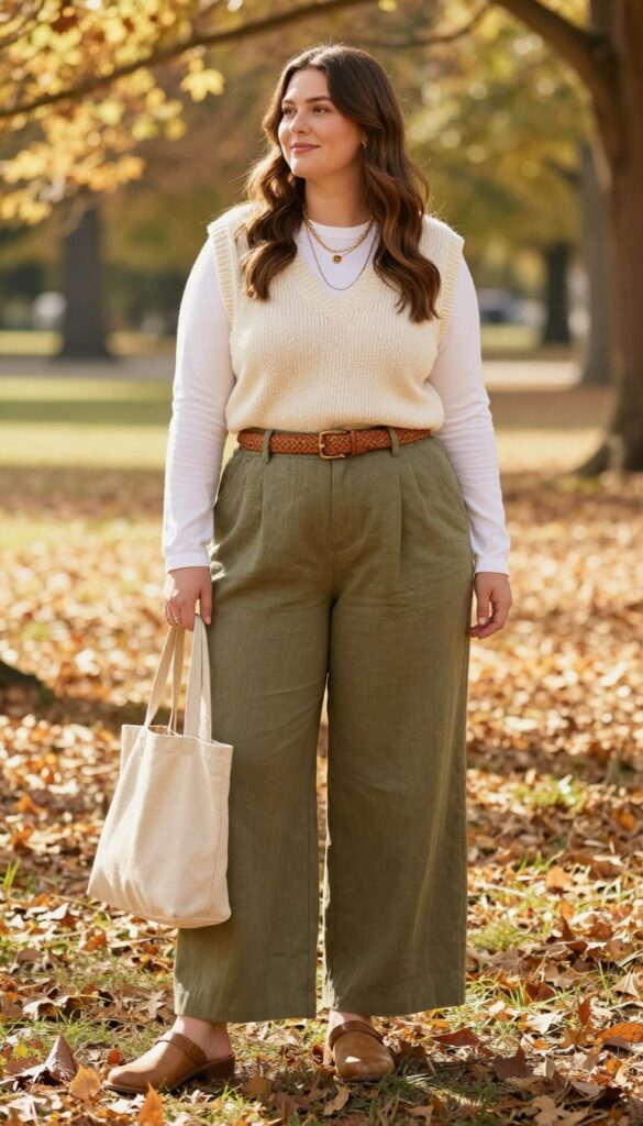 7. Sweater Vest + White Tee + Wide-Leg Trousers + Clogs