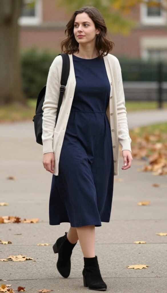 4. Lightweight Cardigan over a Midi Dress with Ankle Boots
