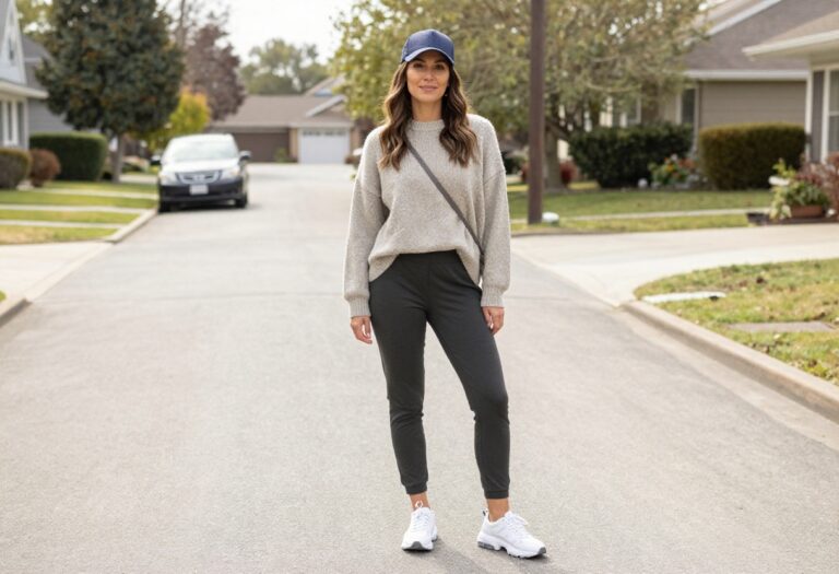 Woman in oversized sweater and joggers standing by minivan for school run outfit inspiration