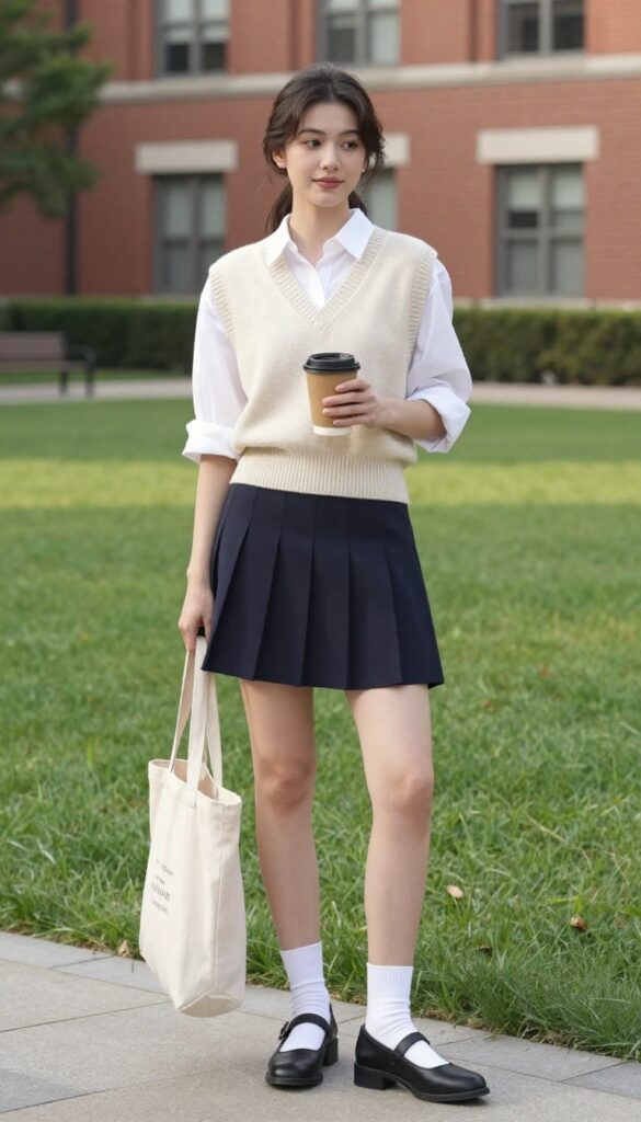 9. Knit Vest over a White Button-Down with Pleated Skirt