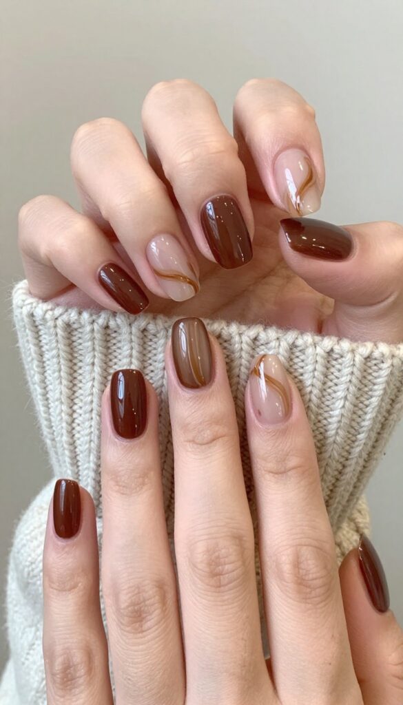 Mocha swirl gel nails with glossy top coat on almond-shaped nails