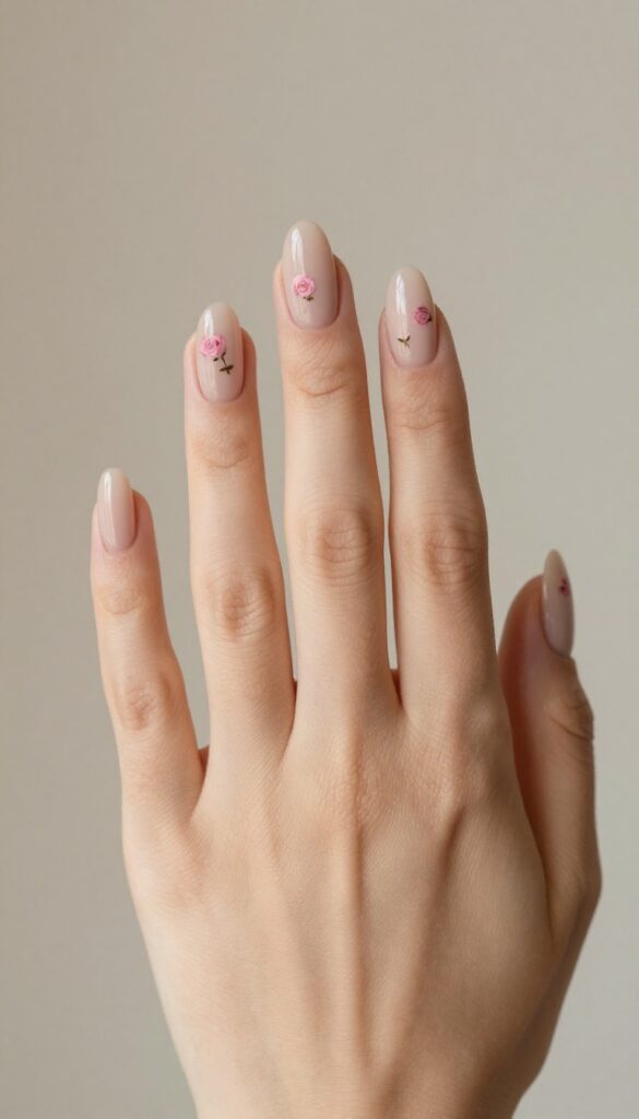 Sheer nude nails with tiny pink rosebud nail art for fall