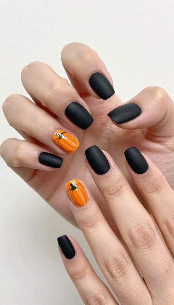 Matte black nails with glossy orange pumpkin accents
